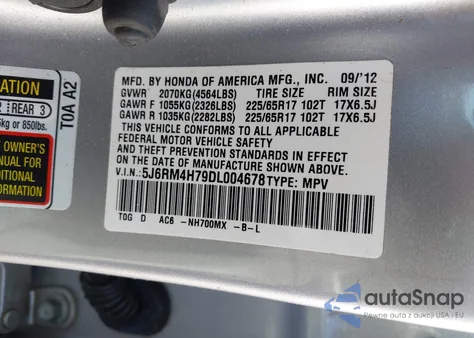 2013 Honda Cr-V Ex-L from USA, damaged, VIN 5J6RM4H79DL004678